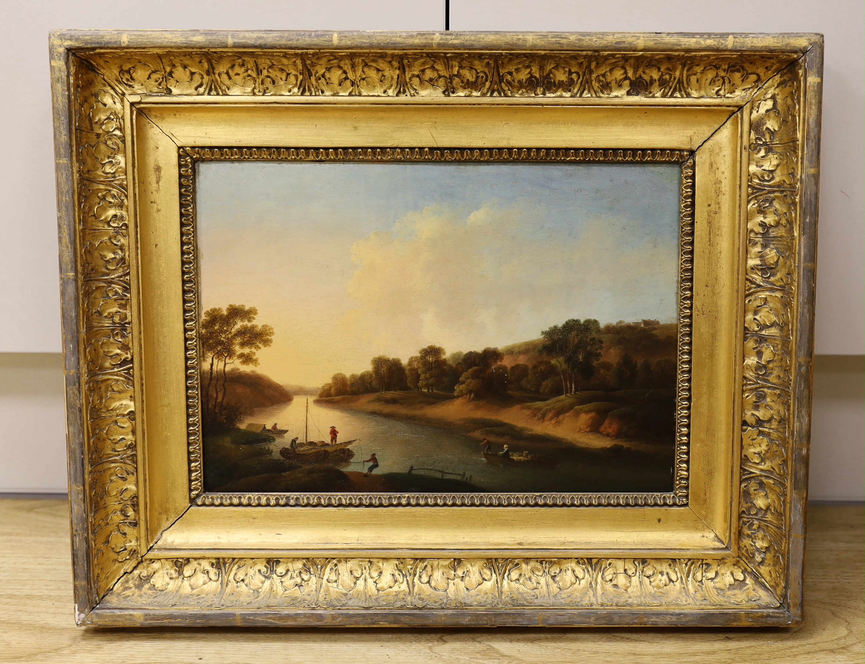 19th century English School, oil on panel, River landscape with figures and boats, 33 x 23cm